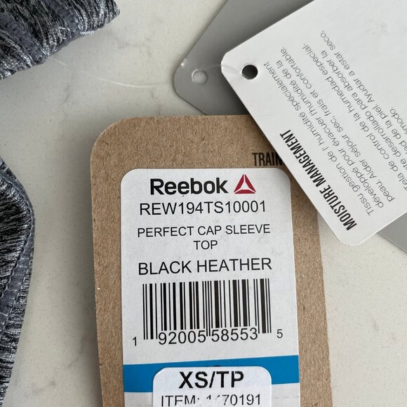 Reebok Training Perfect Cap Sleeve V Neck Slim Top Black Heather Sz XS NWT - Picture 10 of 13